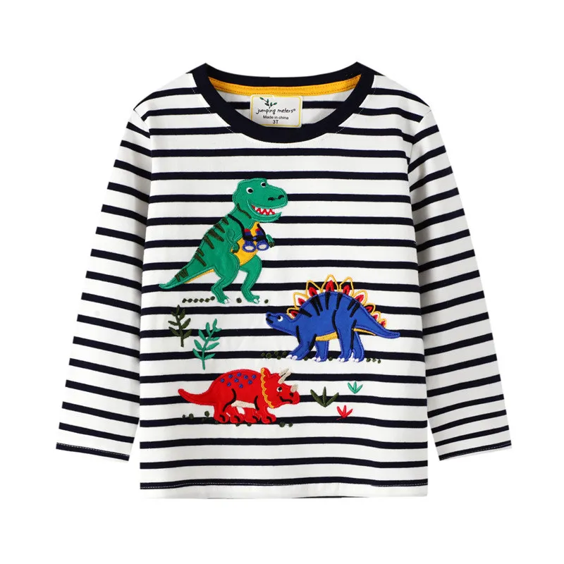 

Jumping Meters Long Sleeve Dinosaurs T shirts for Baby Autumn Spring Clothes Cotton Stripe Animals Applique Boys Girls Top Tees