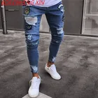 Мужские рваные джинсы в стиле хип-хоп, модные длинные брюки-карандаш из потертого денима для бега, с надписью, 2021