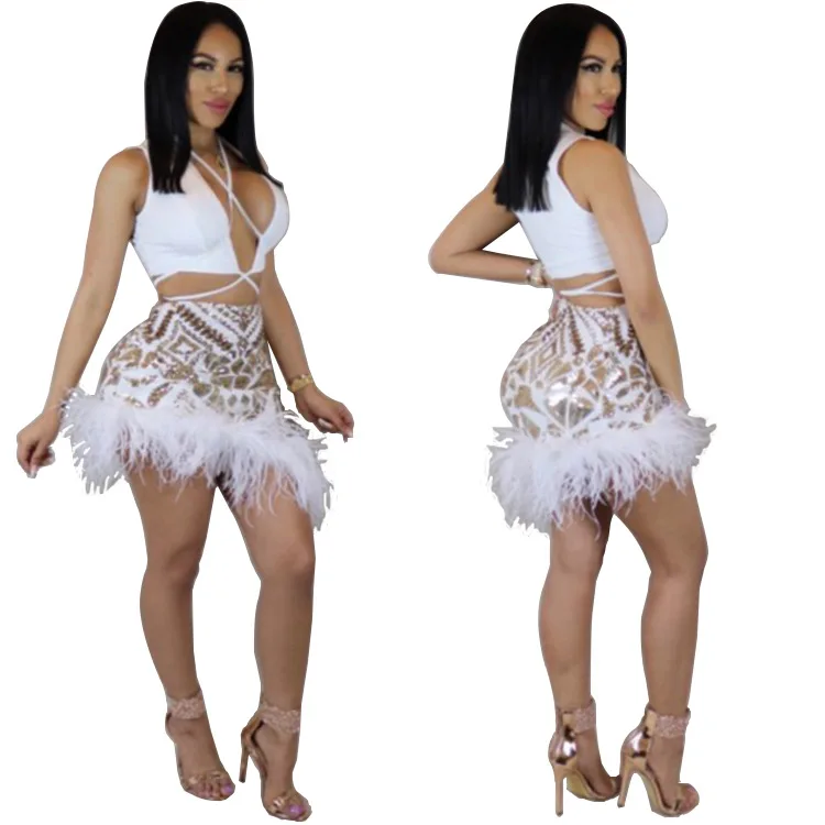 

FNOCE women's sets 2020 new sexy nightclub fashion trends Sequined Feathers spliting v-neck sleevless tops mini skirts 2-pc suit