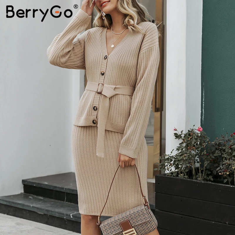 BerryGo трикотажное платье из двух предметов, элегантный осенне-зимний женский свитер, платье, костюм с пуговицами и поясом, Женский костюм с юбкой с длинным рукавом
