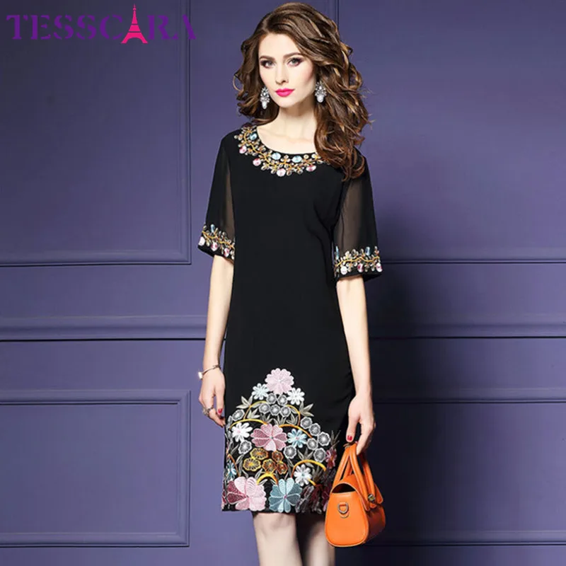 Женское платье с вышивкой TESSCARA Элегантное коктейльное в стиле ретро офисный