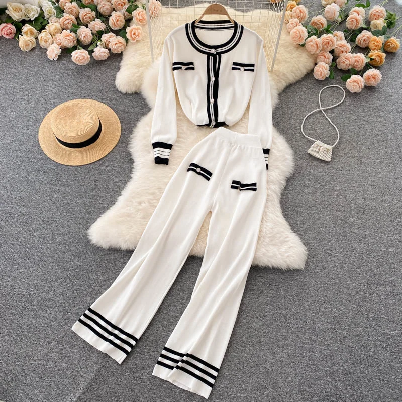 

Korean Fashion Tracksuits Autumn Knitted Women Button Cardigan Top+Wide Leg Pants Contrast Color Striped Two-piece Women Sets