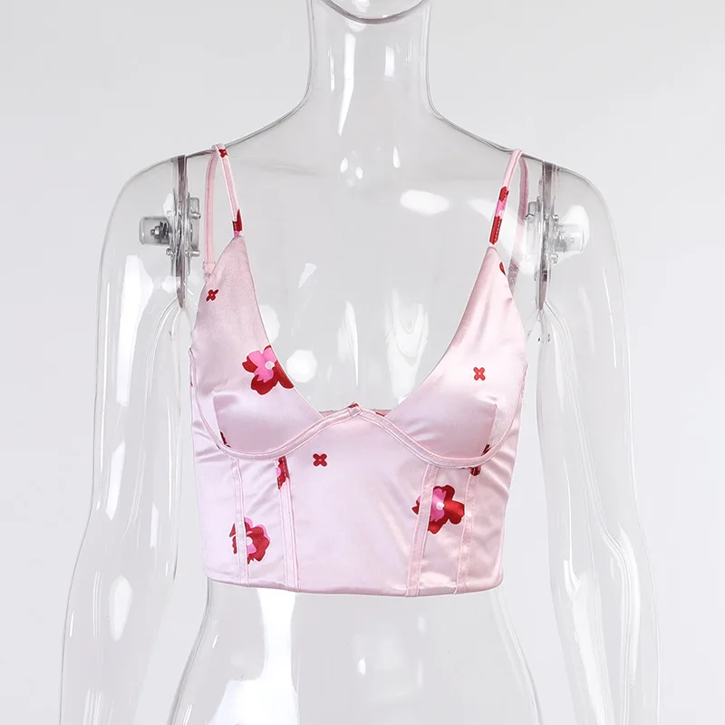 

Top Women Staghetti V Neck Satin Corset Top With Straps 2021 Summer Floral Print Clothes Blue Sleeveless Club Women Crop Tops