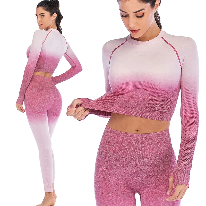 Бесшовные леггинсы женские тренировки фитнес топы Набор для йоги кроп футболка