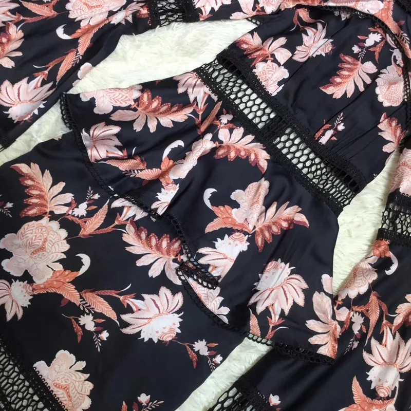 Выдалбливают колокол с длинным рукавом печати Русалка Сексуальная патч Винтаж F/W пляж Бохо Подиум дизайнер зимм бренд платье в цветочек