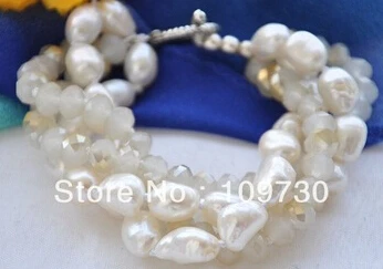 Бесплатная доставка&gt 4 нити белый барокко Жемчуг граненый кристалл браслет из
