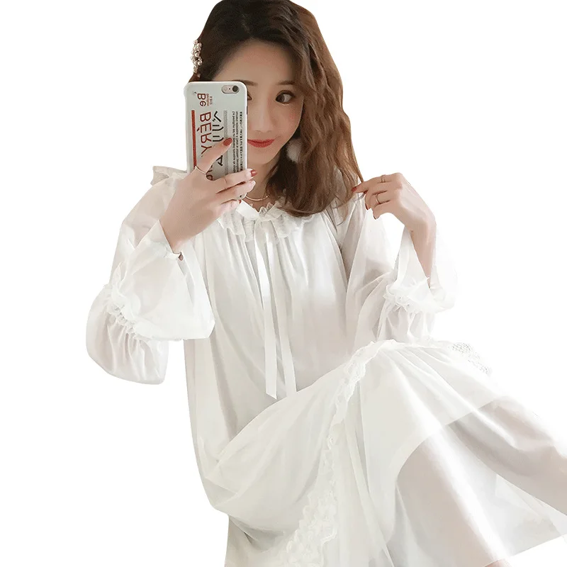 Fairy Palace Nightdress Spring Autumn Long Dress Retro Princess Style Cotton Long Sleeve Lace Nightgown Sexy Sleepwear Nightwear