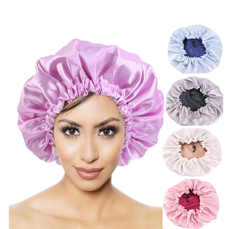 

Reversible Satin Bonnet Double Layer With Adjustment Buckle Solid Color Women Night Sleep Cap Soft Headcover Hair Care Chemo Cap
