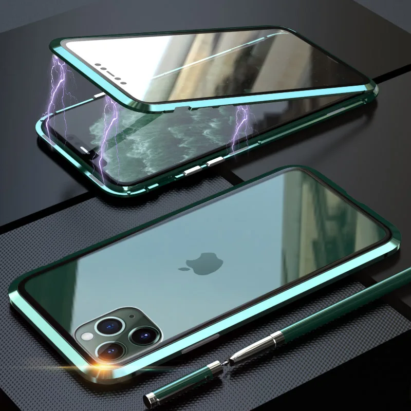 Двойной чехол из закаленного стекла для iPhone 11 Pro Max чехол с металлической рамкой Магнитный противоударный чехол для iPhone 11 Pro Max Shell
