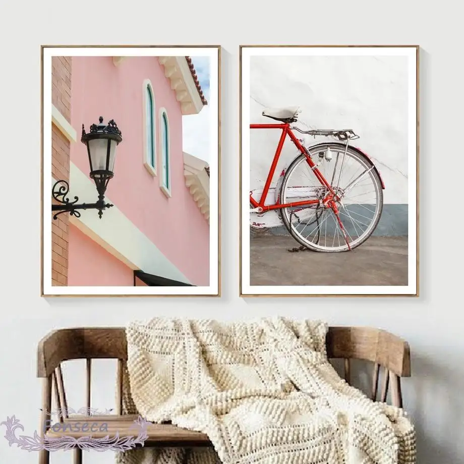 Европейская маленькая городская Картина на холсте Hd Печатный Красный велосипед