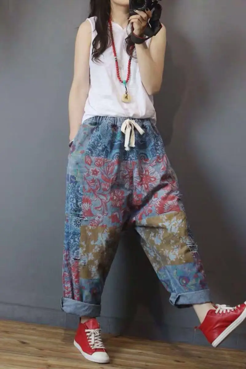 

Lady New Loose Harem Pants Women Ethnic Style Pants 2020 Pantalones Harem Mujer Printed Denim Pants