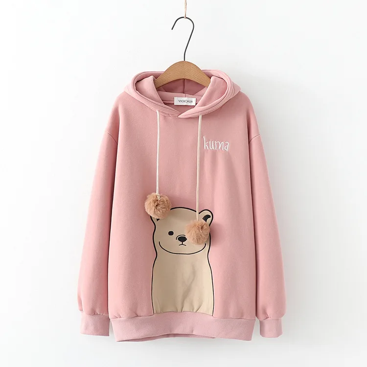 Розовый Merry Pretty женские толстовки с капюшоном Harajuku мультфильм Медведь Вышивка толстовки толстый свитшот с ушками на капюшоне спортивный костюм - Цвет: Розовый