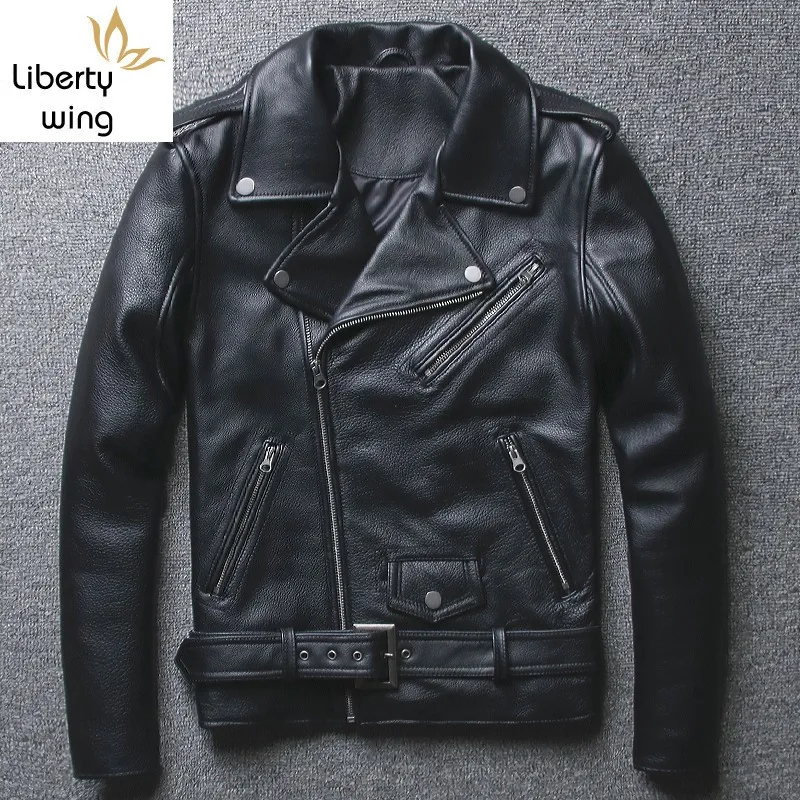 

Cow Motorcycle Genuine Men Sashes Double-layer Biker Jacket Diagonal Zipper Punk Fashion Short Real Leather Coat