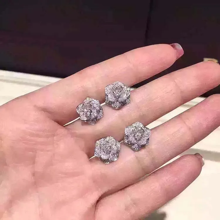 

AAA Zircon Solid 925 Sterling Silver Rose Camellia Flower Stud Earring Women Wedding Party Classical Flower Cuff Earring Jewelry