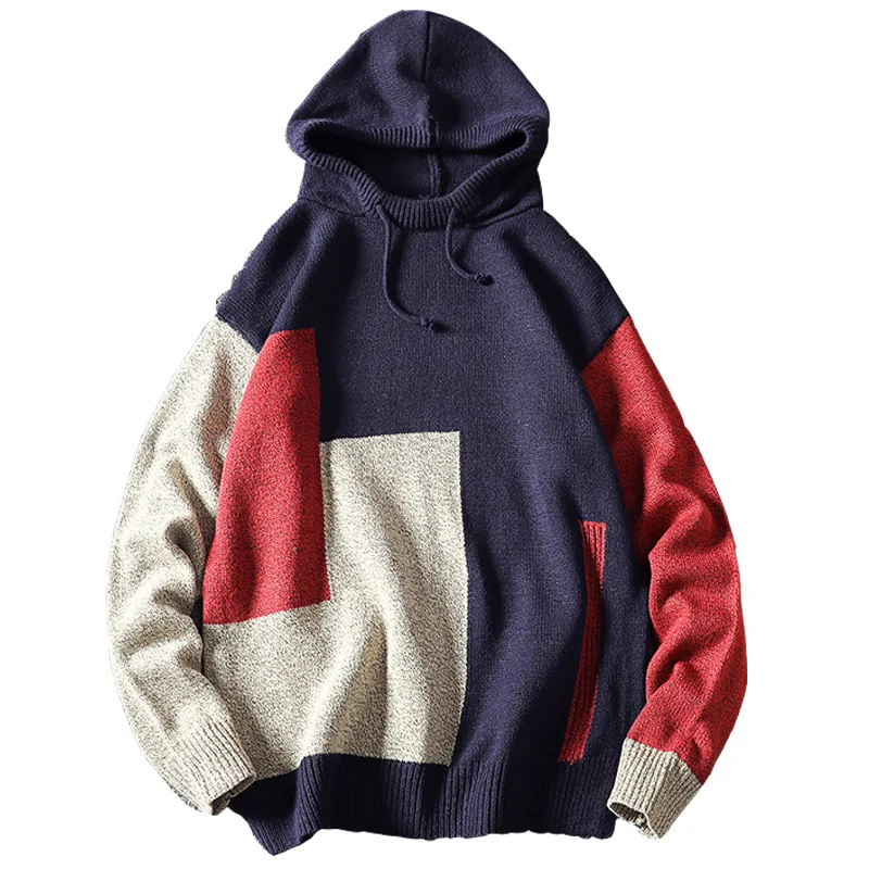 

M.Y.FANTASY 2021 New Knitted Hooded Pullovers Men Patchwork Casual Sweater Mens Streetwear Fashion Hooded Sweaters Men Pullovers