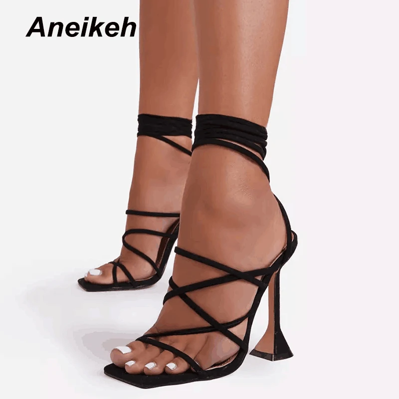 

Aneikeh 2022 Summer Sexy Women Shoes Narrow Band Head Peep Toe Fashion Cross-Tied Zapatos De Mujer High Heels Femmes PU Sandales