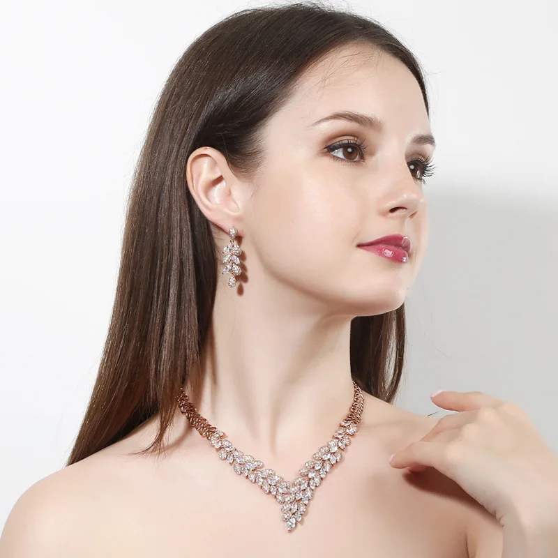 

2pcs/Set Luxury AAA Zircon S925 Sterling Silver Necklace Jewelry Set White Gold Engagement Wedding Earring Necklace Set