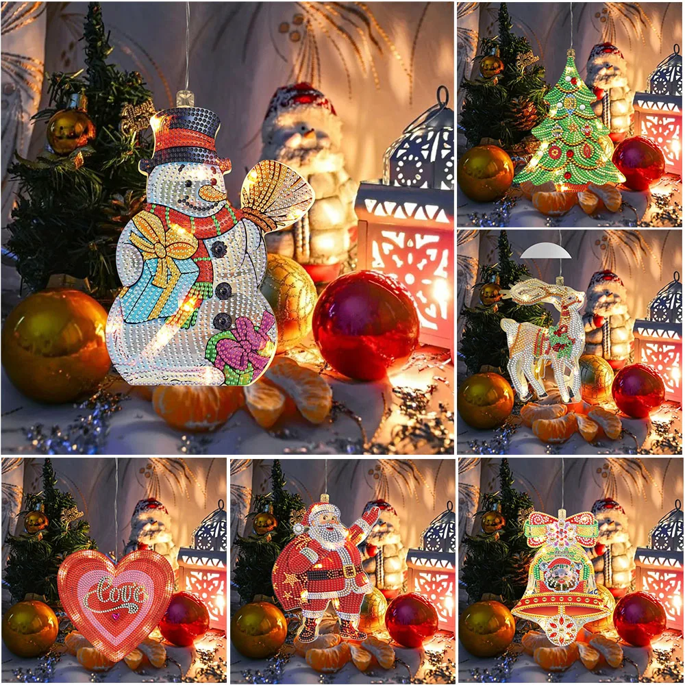 

5D DIY Diamond Painting Christmas Pendant With Led Light Hanging Light Festive Rhinestone Lamp Pendant New Year Home Decoration