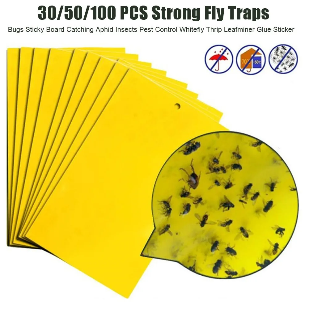 

30/50/100 PCS Strong Fly Traps Bugs Sticky Board Catching Aphid Insects Pest Control Whitefly Thrip Leafminer Glue Sticker