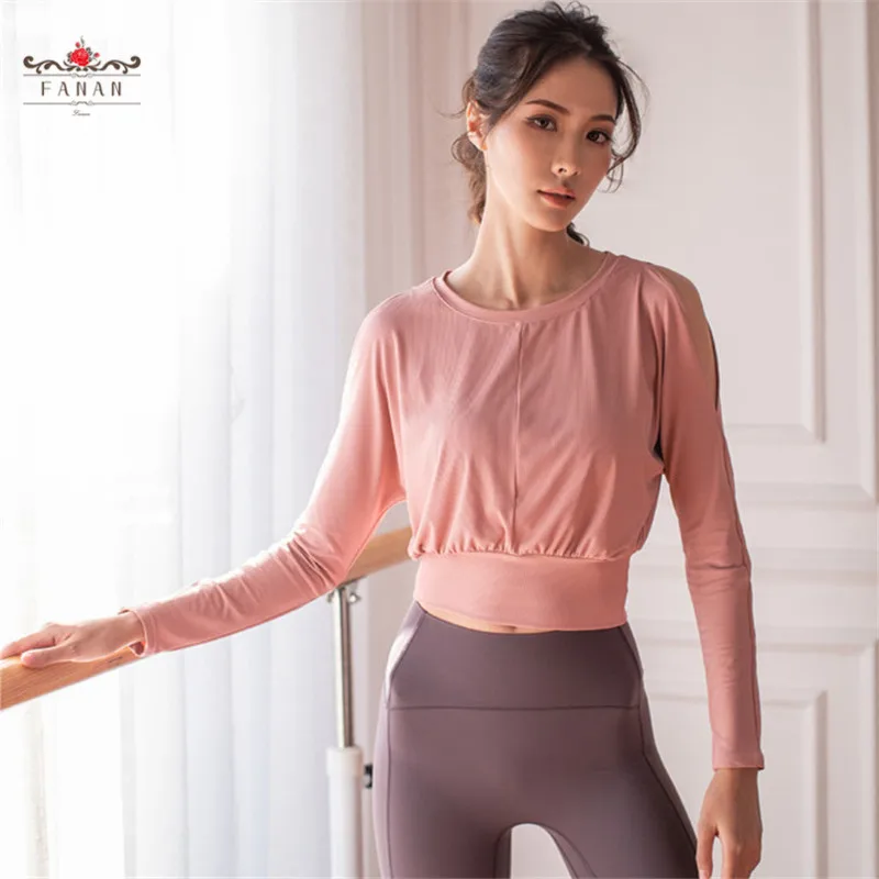 Women Yoga Short Shirts Sexy Sports Long Sleeve Fitness Workout Off Shoulder Crop Tops Running Shirts Quick Dry Female Shirts