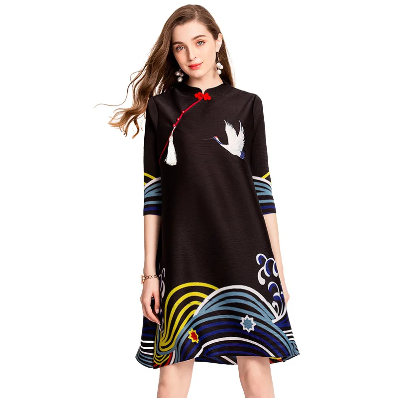 

Женское винтажное платье миаке, свободное Плиссированное ТРАПЕЦИЕВИДНОЕ ПЛАТЬЕ выше колен с воротником-стойкой и коротким рукавом, с принт...