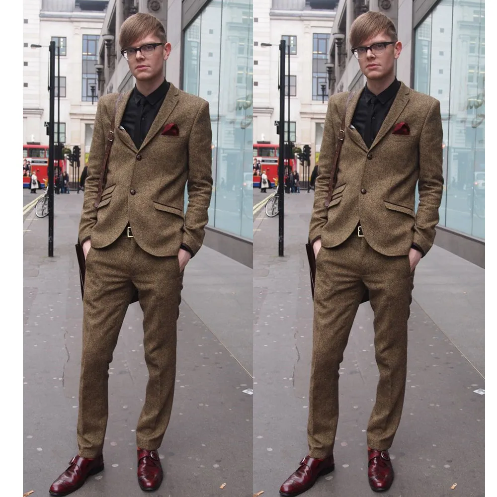 

Brown Tweed Men's Western Slim Fit 2 Piece Tailor Tailor Custom Suit Groom Prom Suit Jacket Terno Masculino Jacket+Pants