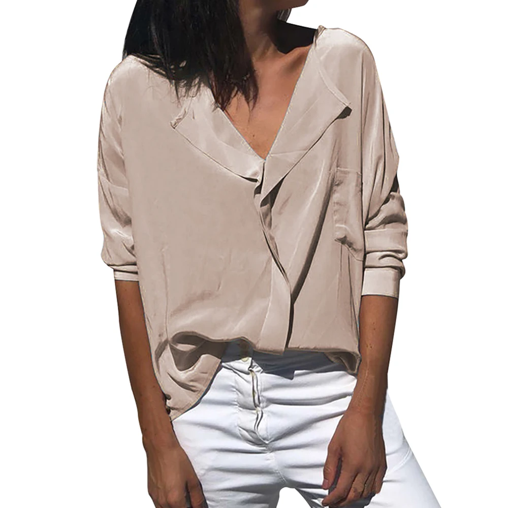

Women's Solid Color Casual Long Sleeve Blouse With Loose Lapel V-Neck womens tops and blouses blusas mujer de moda