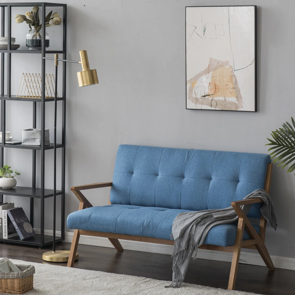 

Solid Wood K-type Retro Double Sofa Chair Light Blue