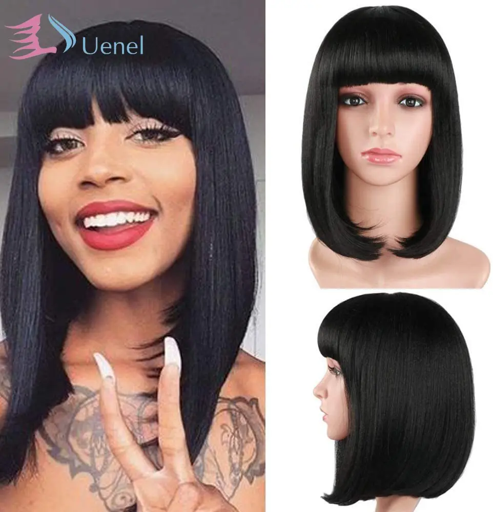 

Парик Uenel, 14 дюймов, с челкой, короткий черный прямой парик машинной работы Cospaly, парик для вечеринки на каждый день, парик из термостойкого во...