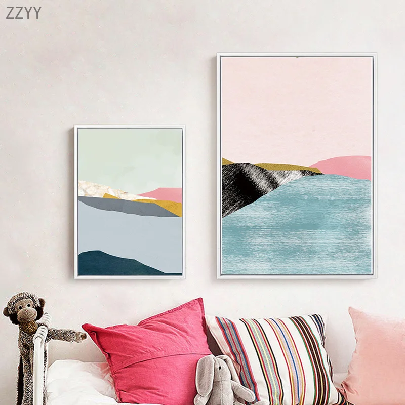 Северные абстрактные горы и реки светло-розовые синие геометрические узоры декоративных картин на холсте домашнего декора плакат.