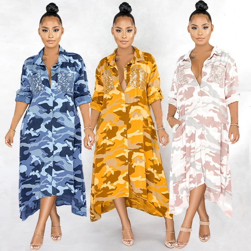 

Women's stand-up collar loose camouflage print shirt dress