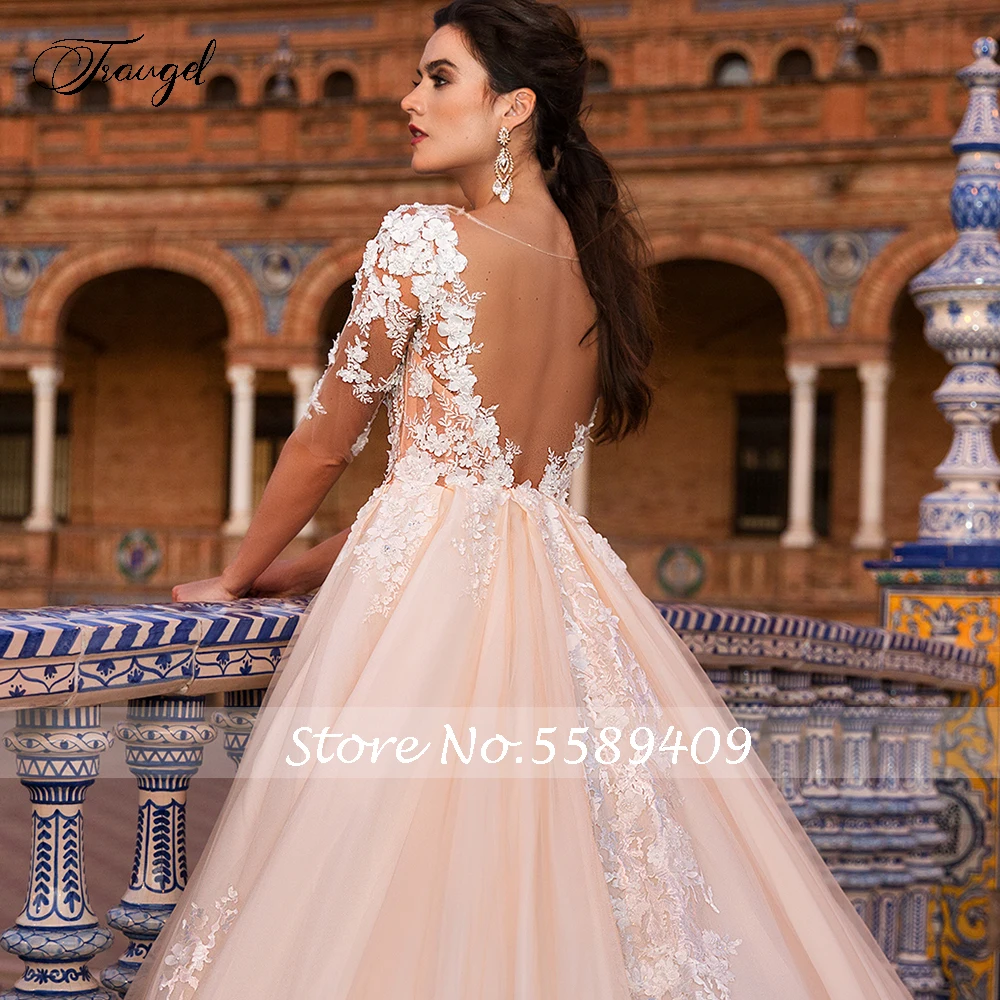 

Traugel Scoop A Line Lace Wedding Dresses Chic Applique Half Sleeve Illusion Back Bride Dress Chapel Train Bridal Gown Plus Size