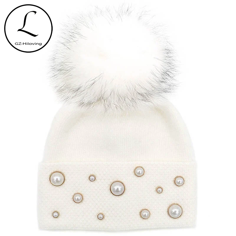 Женские вязаные шапки с жемчужинами помпоном из натурального меха мягкие теплые