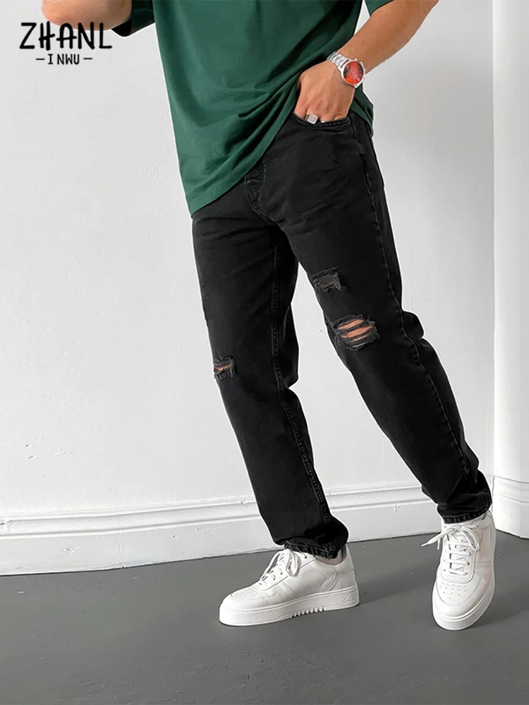 Streetwear Men Ripped Black Jeans Baggy Male Simple Design High Quality Cheap Baggy Y2k Jeans With Pockets for men Wide pants