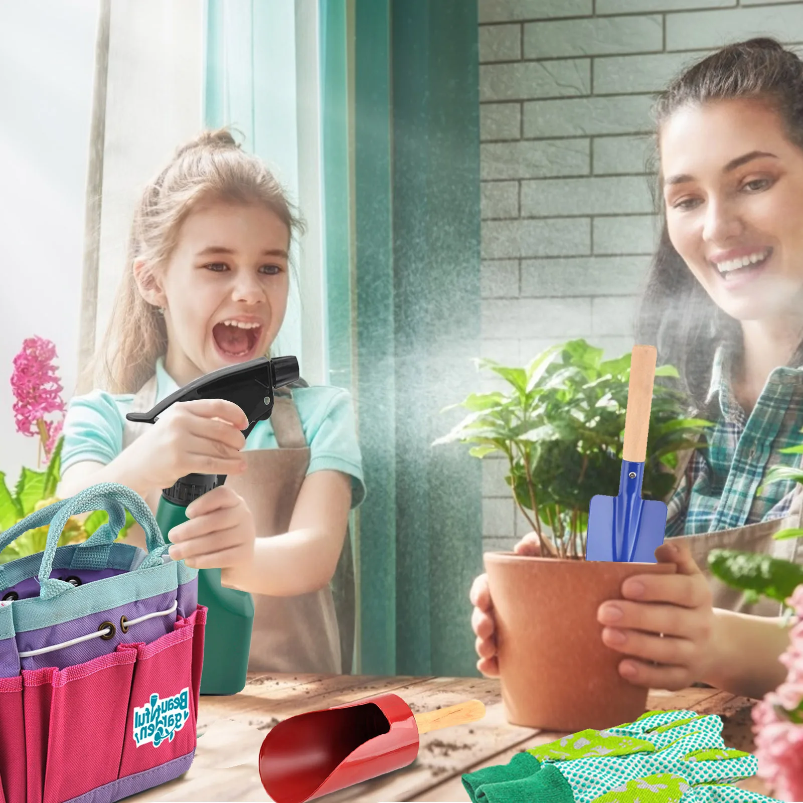 

8PCS Kids Gardening Tool Set Mini Wooden Handle Plastic Hand Tools Glove Garden Educational Toys With Tote Bag L5 imaginative