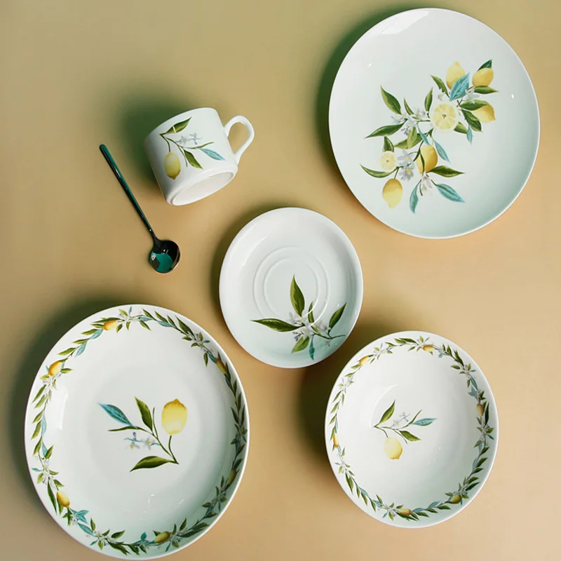 

6 Pcs/ set American Pastoral Ceramic Tableware lemon Coffee Cup Bowl Dessert Fruit Steak Plate Kitchen Porcelain Dinner Dish