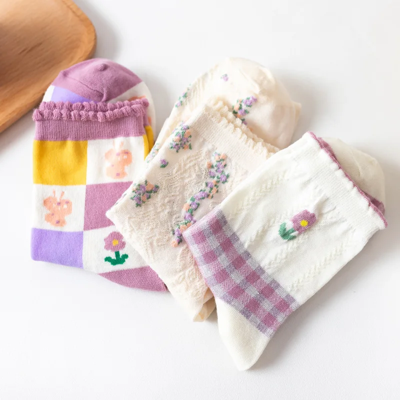 

New Design autumn Cotton Women Socks 1Pairs Flower Girls Socks Sweet Gride Short Socks Lovely Female Socks