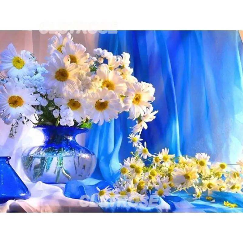 

Diy Diamond Painting Blue and White Flowers Qiuying and Small Daisies Rusty Diamonds Home Decoration Wall Square Diamonds Round