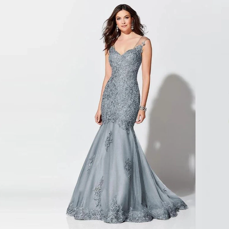 

Gray Mother Of The Bride Dresses Mermaid Sweetheart Tulle Appliques Lace Plus Size Long Elegant Groom Mother Dresses Wedding