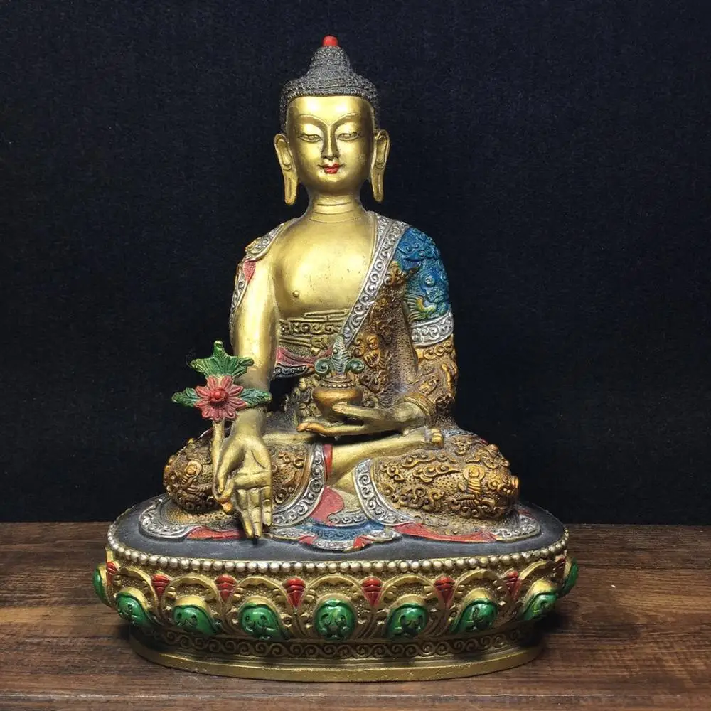 

9"Tibetan Temple Collection Old Bronze Painted Shakyamuni Medicine Buddha Buddha Statue Enshrine the Buddha