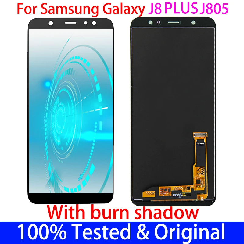 

100% Оригинальный AMOLED с ожоговым тенем для Samsung Galaxy J8 plus J805, ЖК-экран с сенсорным дигитайзером, сменный дисплей в сборе