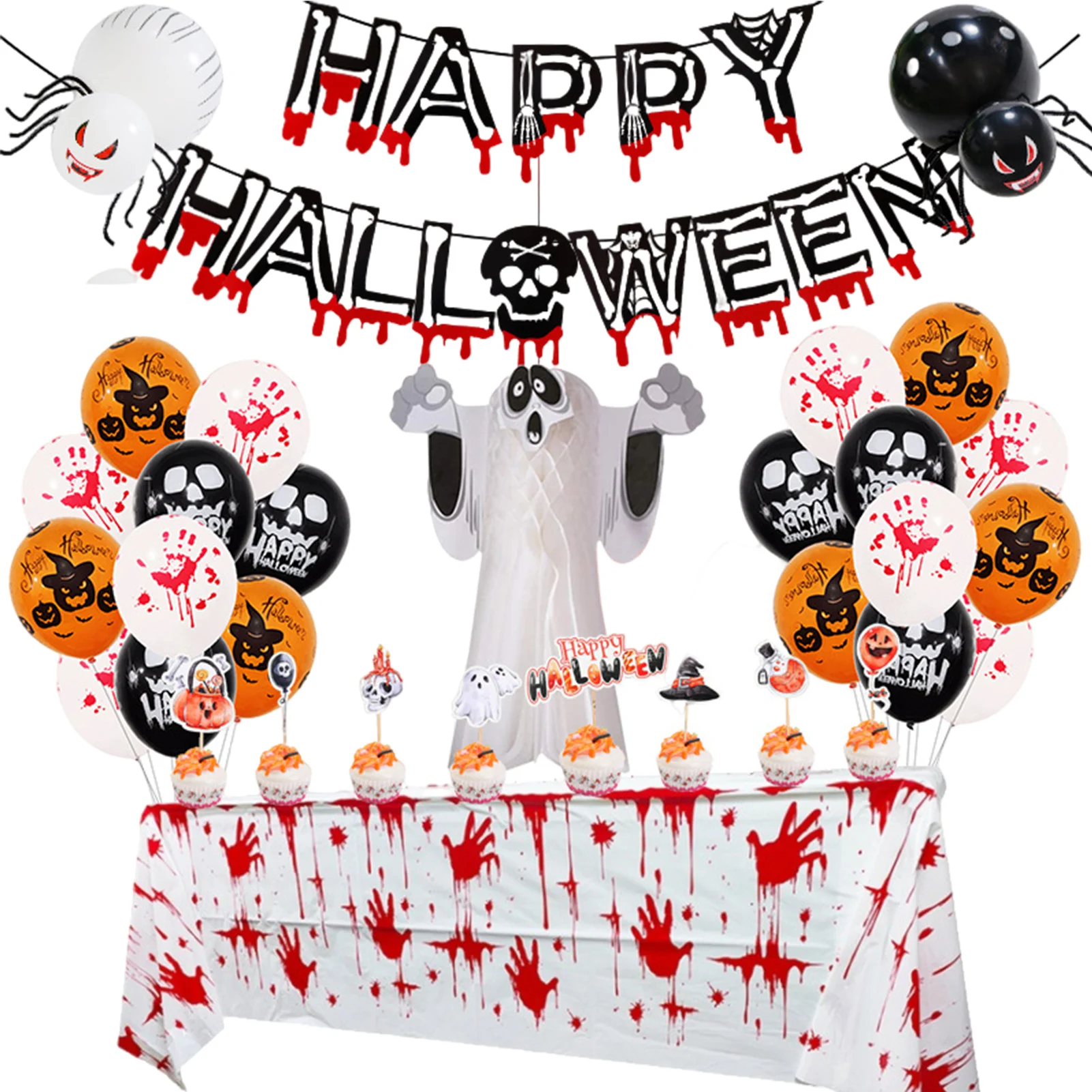 

10Pcs Halloween Party Decoration Set Happy Halloween Banner Spider Blood Hand Skeleton Pull Flag For Halloween Home Decor