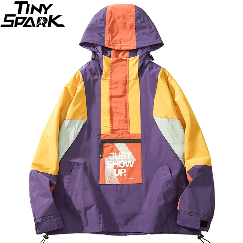 Мужская куртка в стиле Харадзюку в стиле хип-хоп, пальто, уличная цветная ветровка с капюшоном, Ретро стиль, Лоскутная куртка на молнии, осенняя куртка