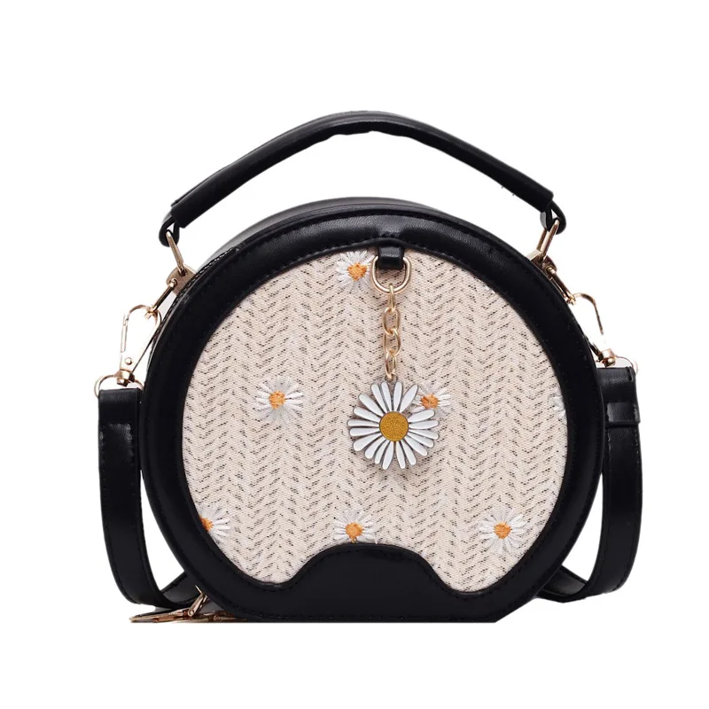 

Embroidery Flowers Small Round Bag For Women 2020 New Cross-body Bag High Quality Pu Leather Handbag Shoulder Zipper Handbag
