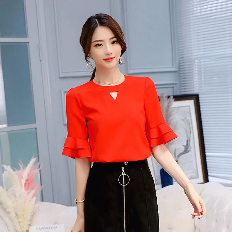 

Shirts Women Spring Summer Korean Style Fashion Casual Trendy Solid Chiffon All-match Simple Ruffles Office Lady Womens Blouses