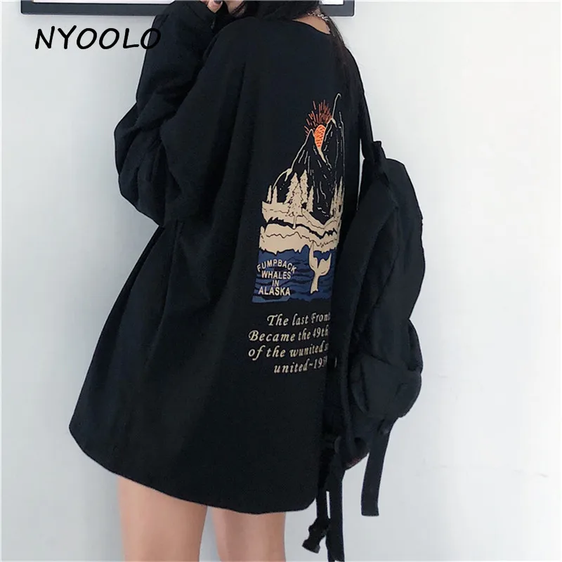 Футболка NYOOLO в стиле Харадзюку С надписью и принтом гор осенняя уличная одежда