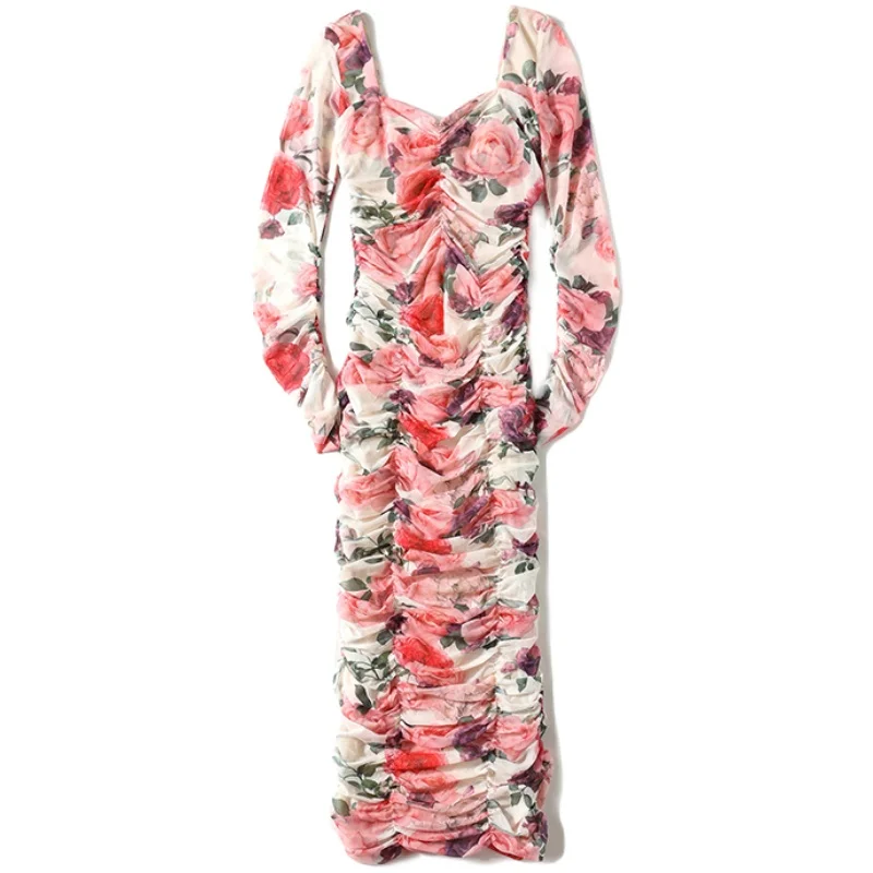 

Women Spring Fashion Rose Print Long Sleeve Square Collar Drapped Elegant Pencil Wrap Dress Vestidos