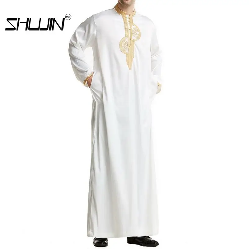 

Men Muslim Islamic Kaftan Arabic Embroidery Long Sleeve Stand Collar Robes Vintage Dubai Caftan Men Comfortable Male S-3XL