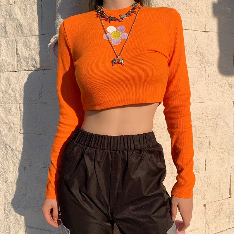 Укороченная Футболка с принтом и длинным рукавом женская уличная Сексуальная