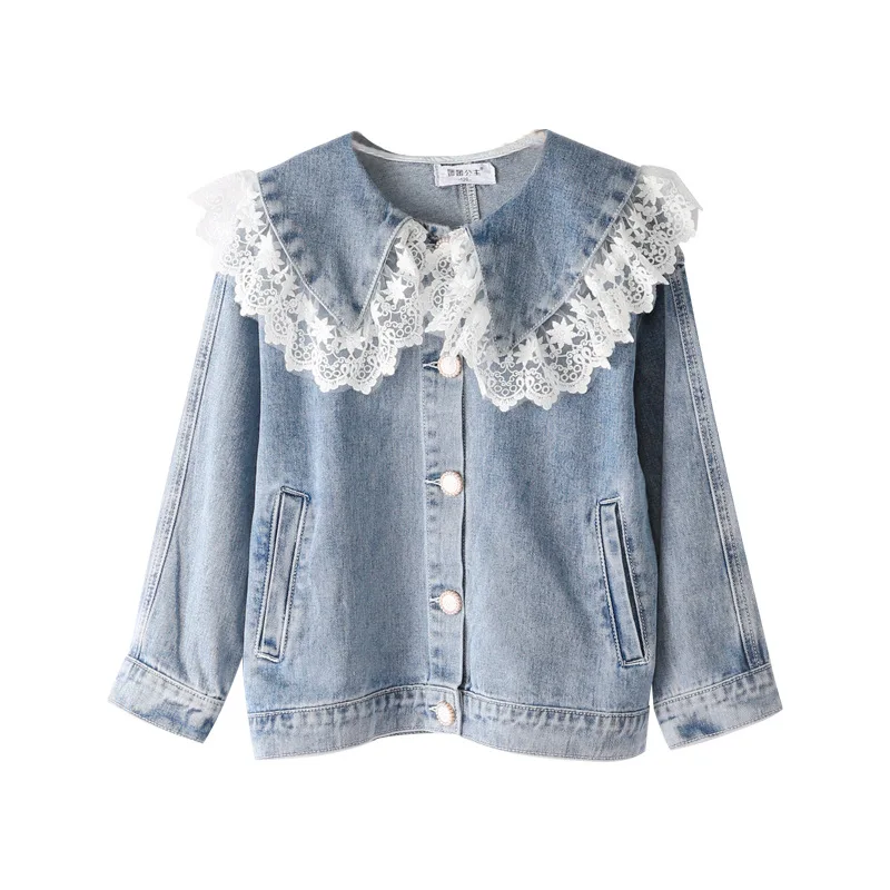

Lace Patchwork Princess Girls Denim Coat 2020 New Spring Autumn Peter Pan Collar Button 3-12 Years Old Children Girl Jean Jacket
